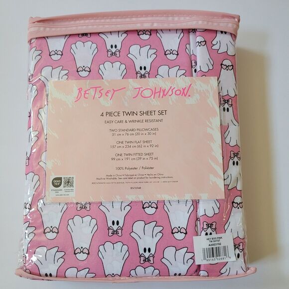 Betsey Johnson 4pc Pink Twin Sheet Set Hey Boo Ghosts w/ Bows Sunglasses Sheets - Picture 3 of 10